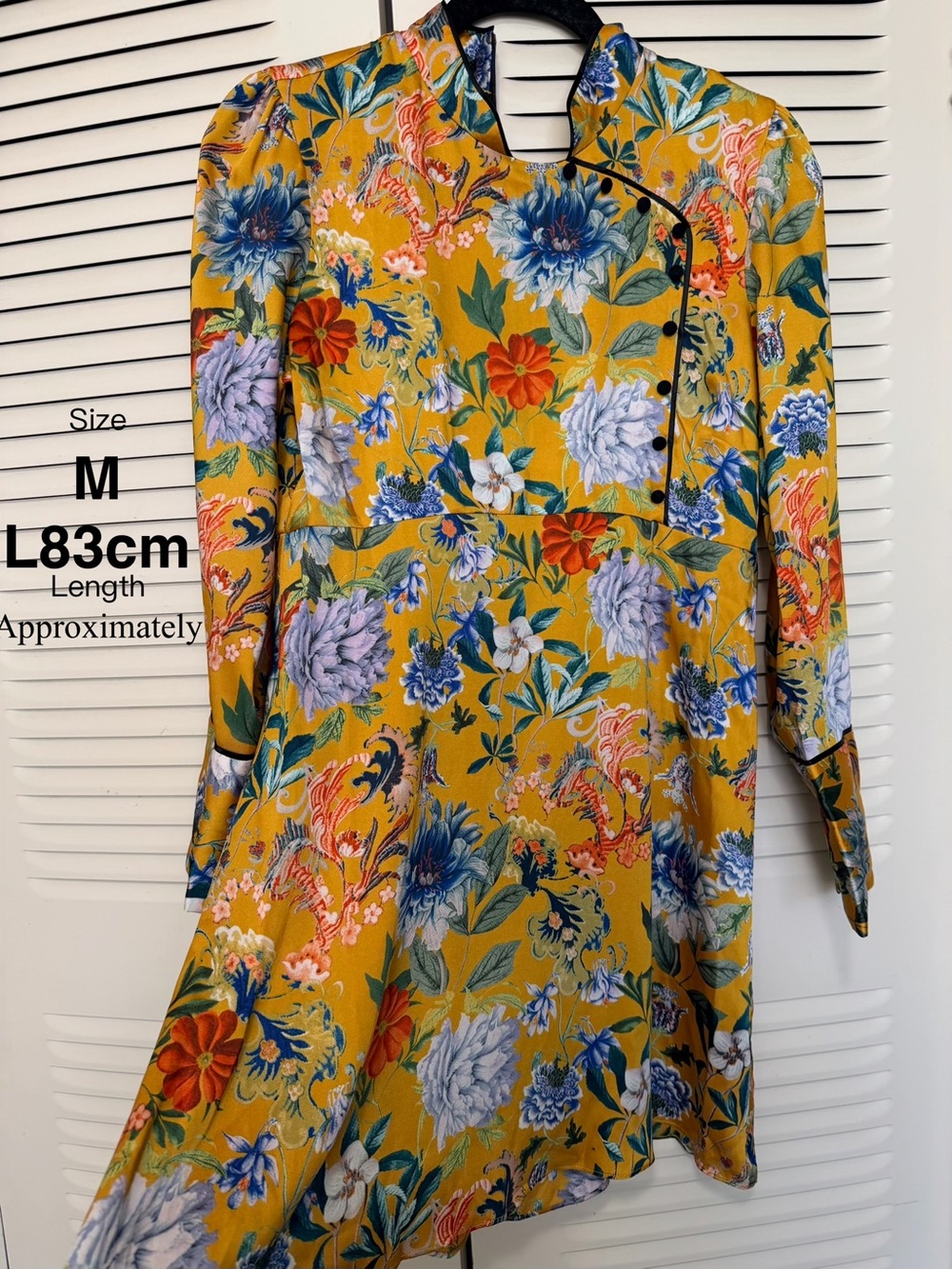 Zara Mustard Yellow Floral Mandarin-Collar Mini Dress
